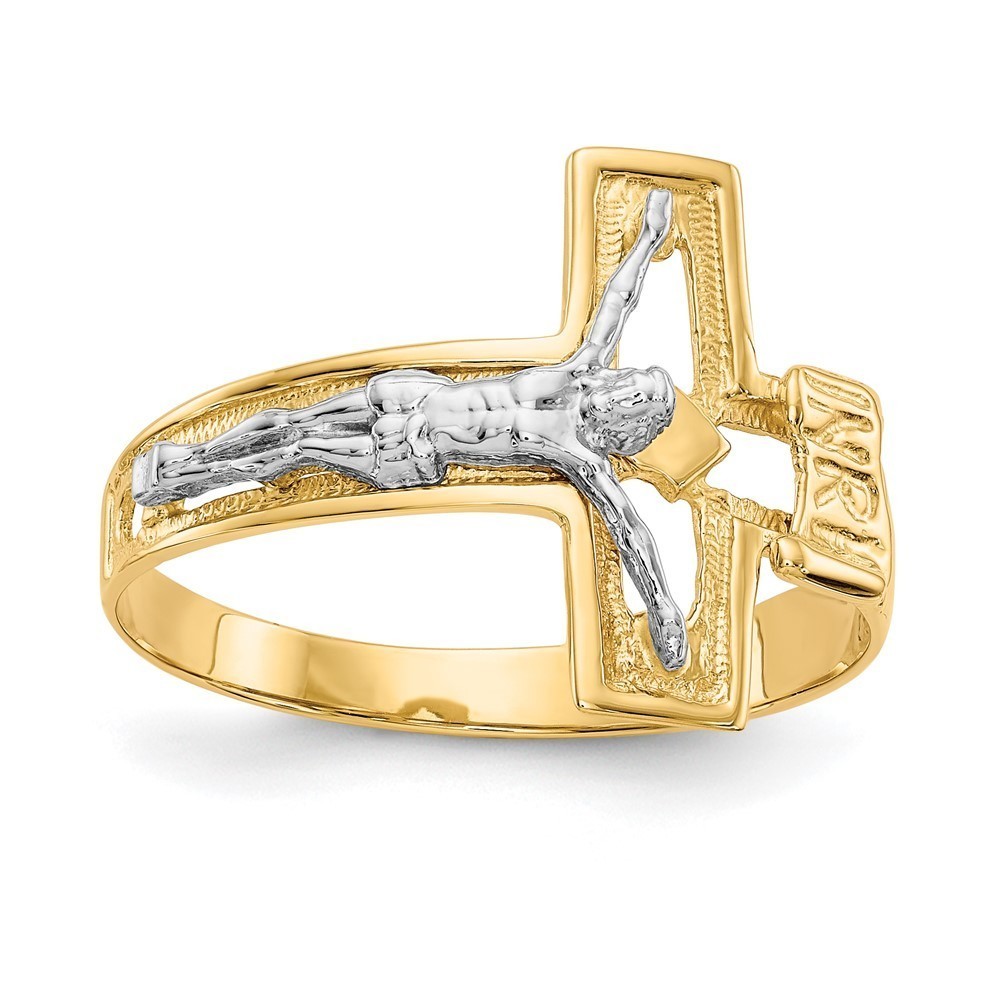 Million Charms 14k Gold Two-tone Religious Crucifix Men's Ring